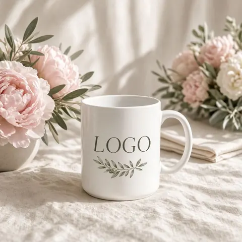 White ceramic mug personalised with logo