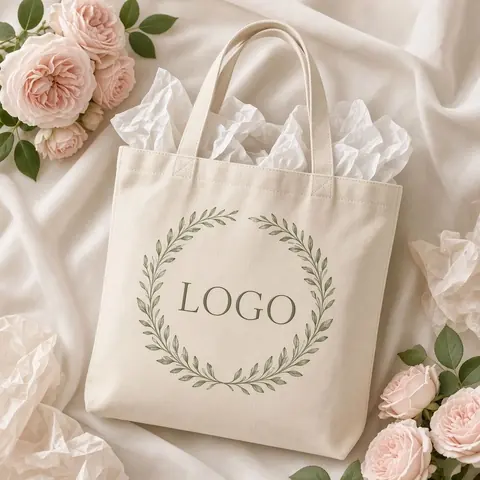 Canvas favour tote printed with logo in leaf wreath